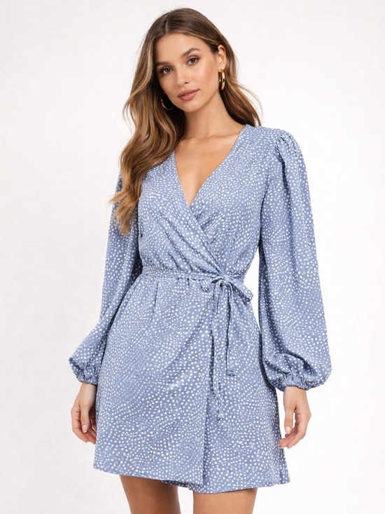 Glamorous Dresses & Skirts - Glamorous Blue Polka Dot Wrap Dress | Puff Sleeve Mini 2